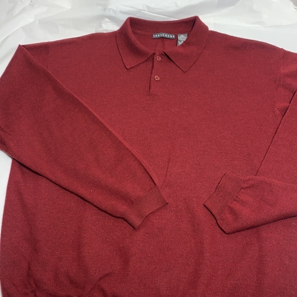 MEN'S Consensus Dark Red Merino Wool Collared Quarter Button Sweatshirt Size  XL